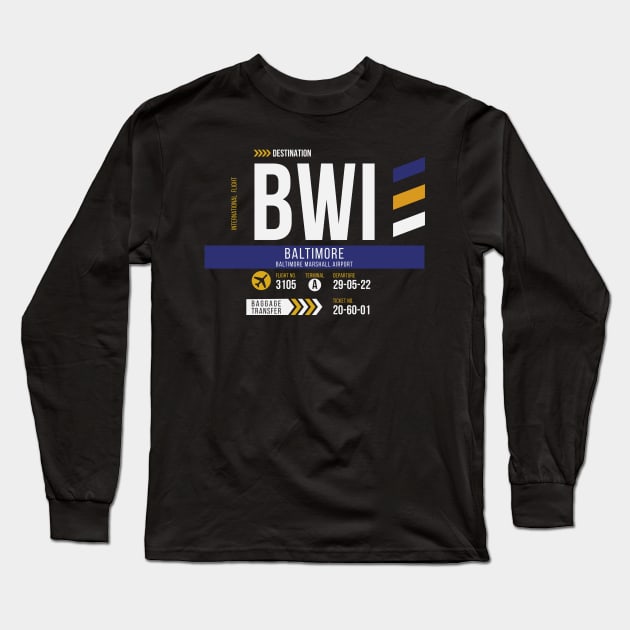 Vintage Baltimore BWI Airport Code Travel Day Retro Air Travel Long Sleeve T-Shirt by Now Boarding